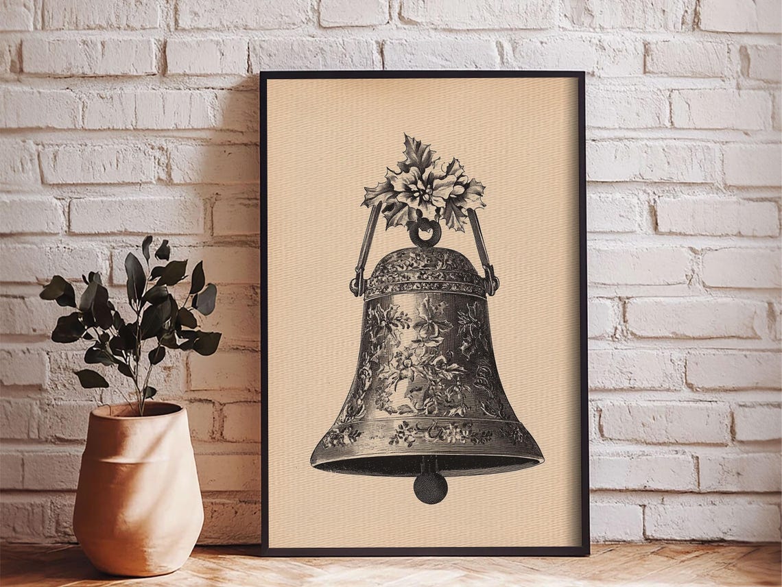 Vintage Christmas Bell Holly Etching Antique Sepia Holiday Art Poster - Image 4