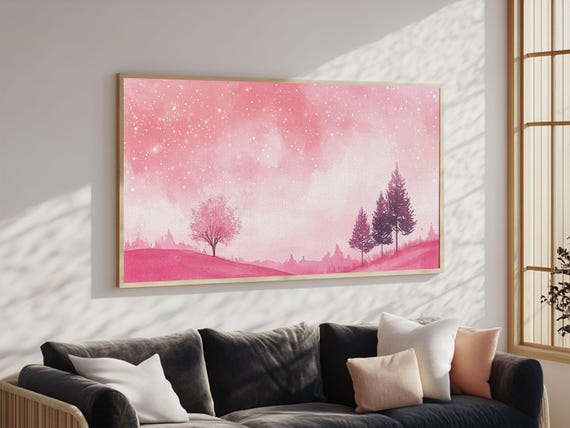 Pink Starry Landscape Print Whimsical Night Sky Wall Art Cottagecore Bedroom Artwork Pastel Dreamy Room Decor Above Bed Art