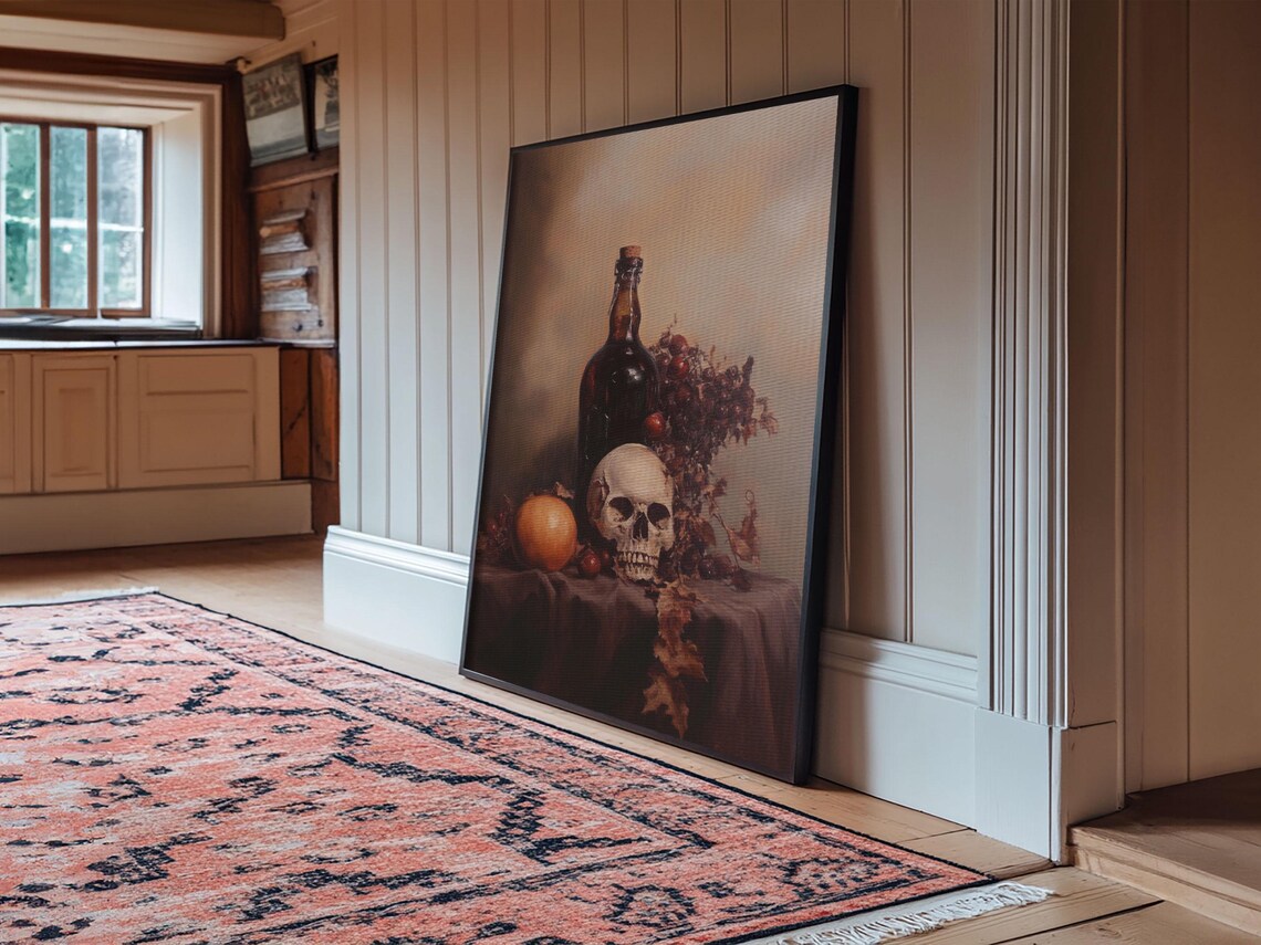 Skull Wine Bottle Fruit Still Life Dark Vanitas Oil Painting Gothic Wall Art - Image 3