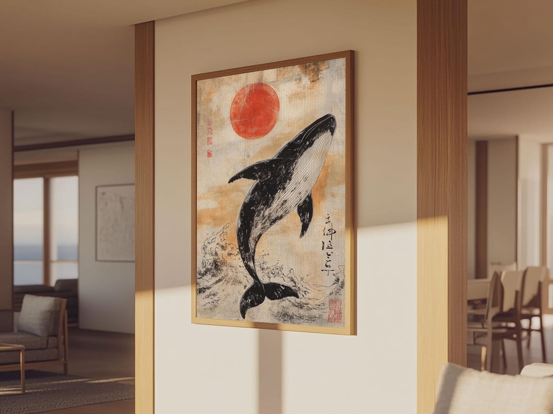 Japanese Ink Whale Under Red Sun Ocean Vintage Style Wall Poster - Image 4
