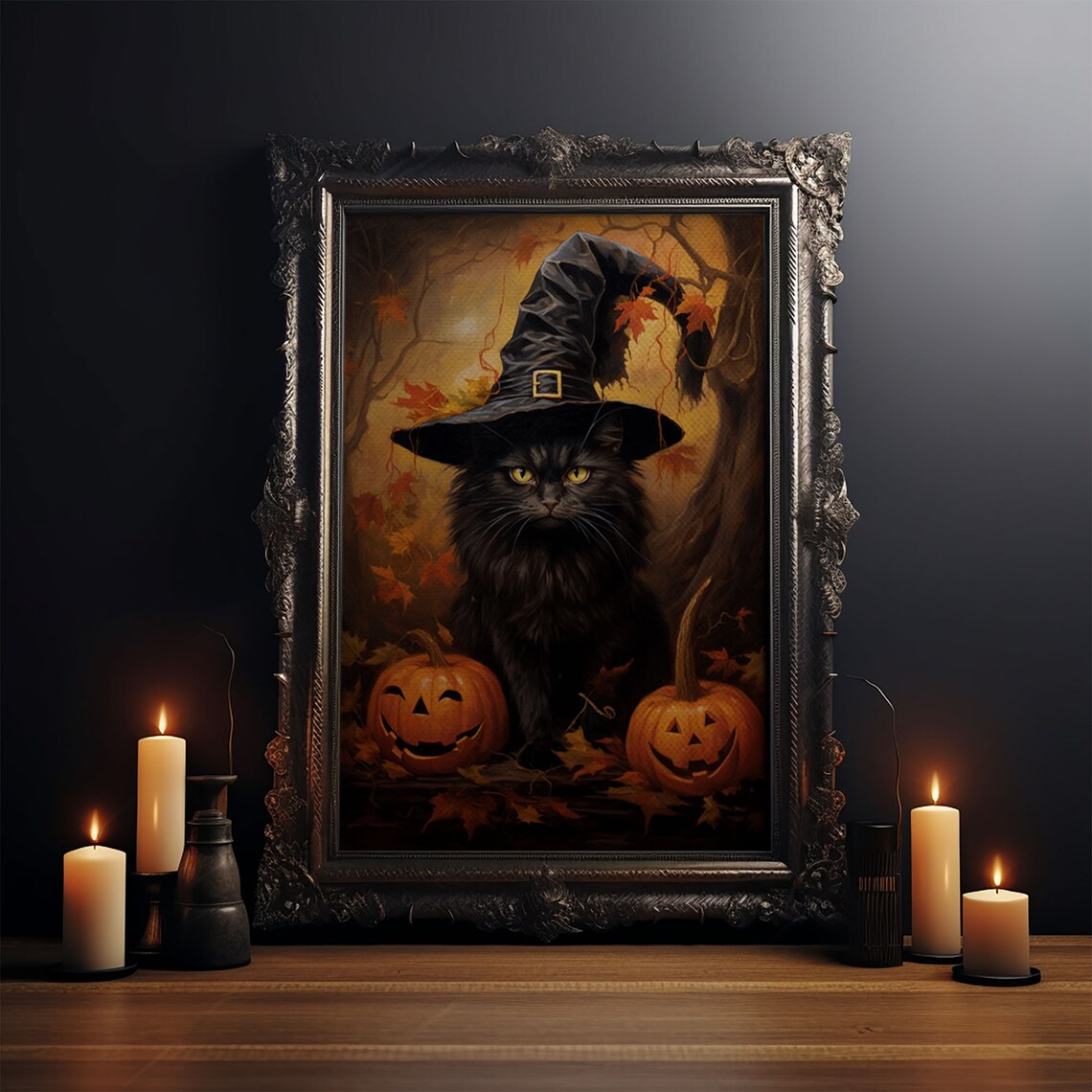 Witch Cat With Jack-O'-Lanterns, Dark Academia Poster - Image 3