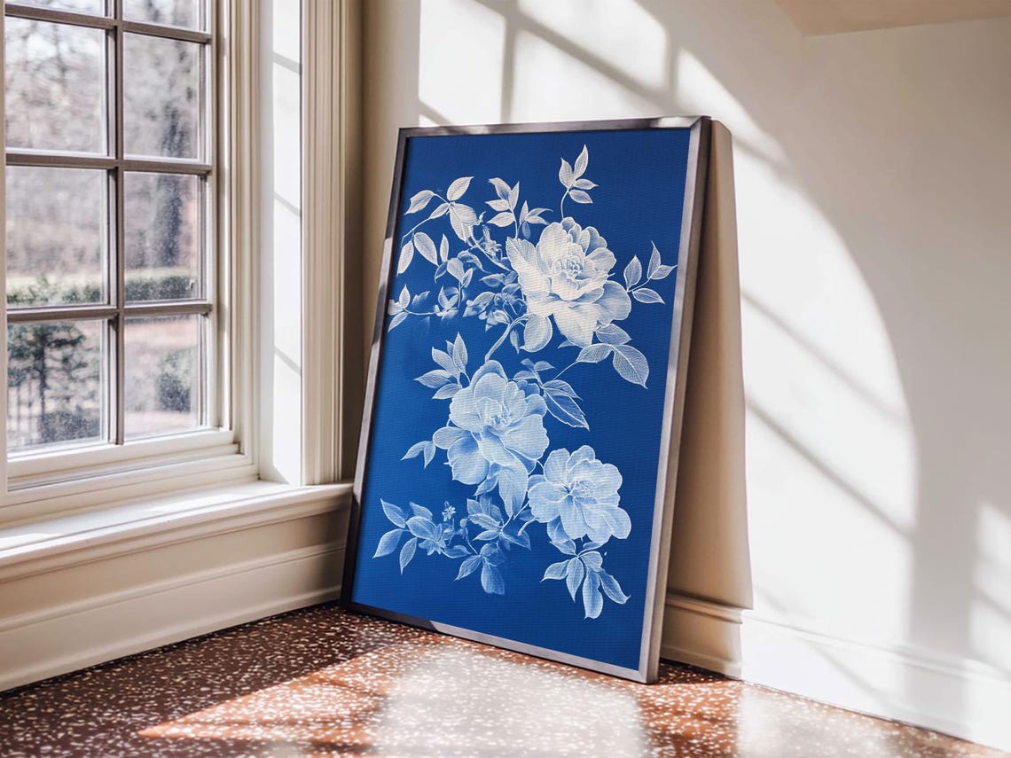 Blue And White Chinoiserie Peony Flowers Botanical Wall Print