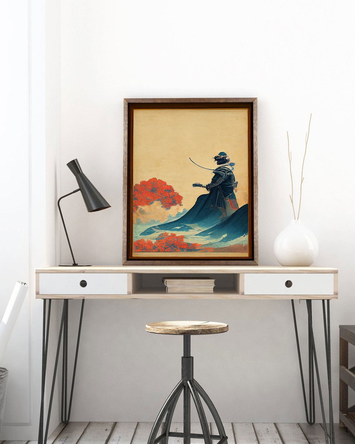 Japanese Samurai Warrior Ocean Waves Red Maple Classic Ukiyo-e Poster