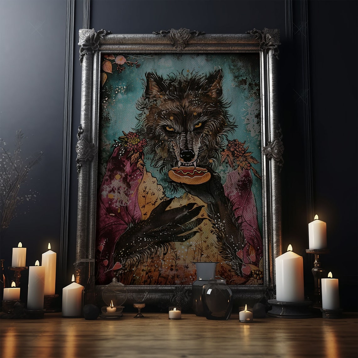 Werewolf Holding Hotdog Floral Dress Funny Halloween Art Poster - Image 4