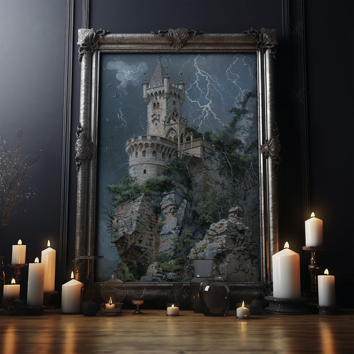 Haunted Castle On Cliff In Lightning Storm Gothic Night Sky Poster - Image 5