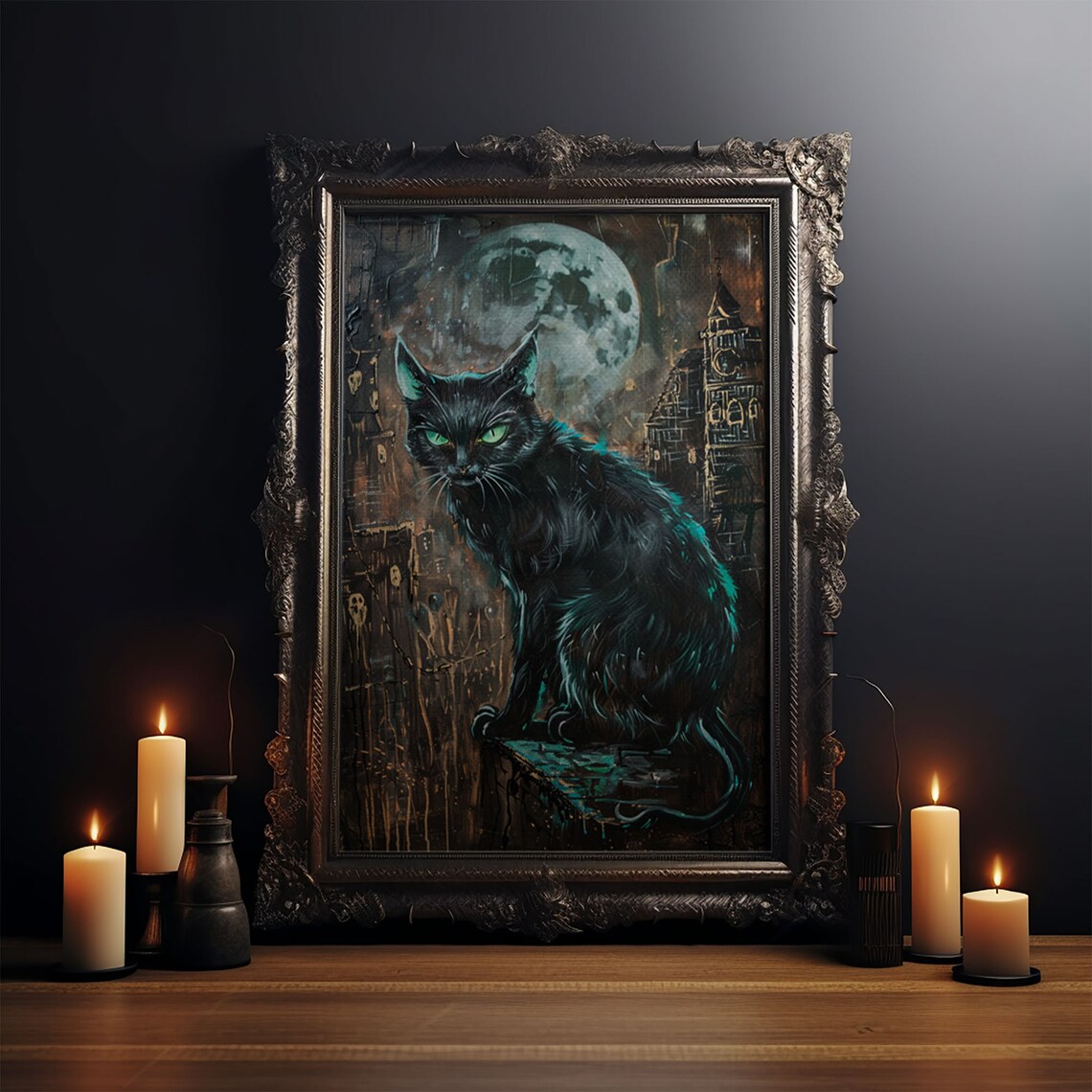 Black Cat With Green Eyes Halloween Gothic Art Print - Image 4