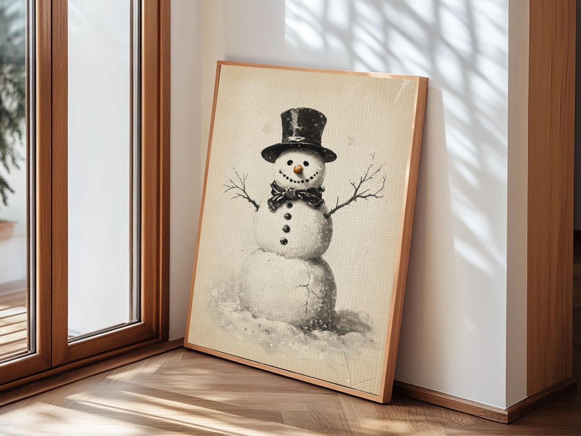 Retro Snowman With Top Hat and Bow Tie Vintage Winter Sketch Poster - Image 2