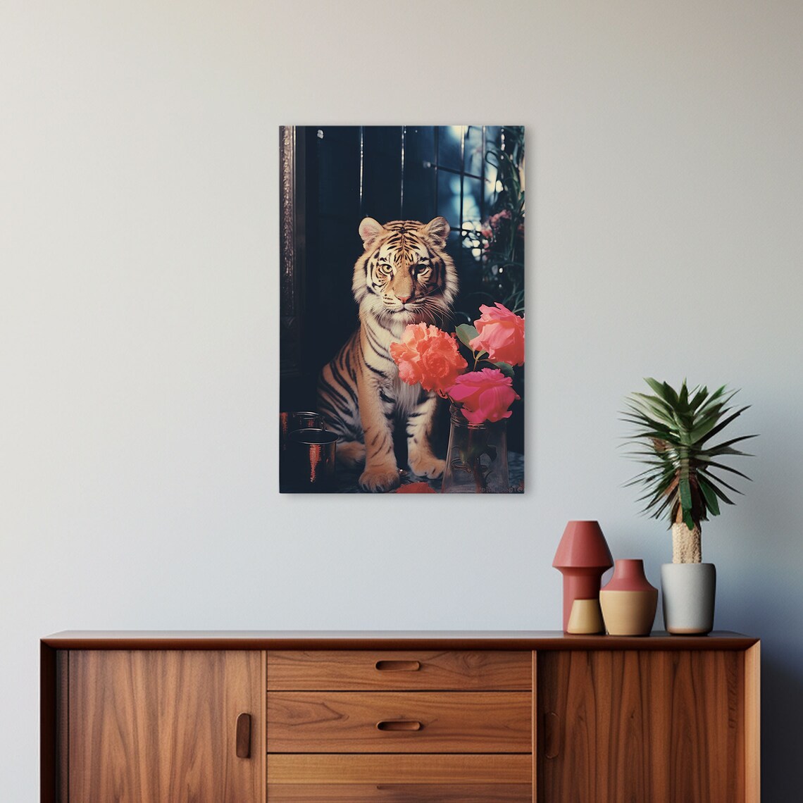 Adorable Tiger Cub With Pink Roses Moody Floral Photography Poster - Image 5