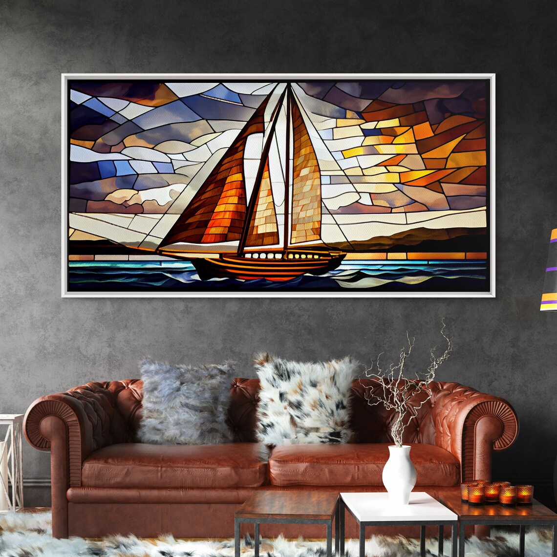 Art Deco Stained Glass Sailing Ship Golden Sails Ocean Wave Art Poster - Image 6