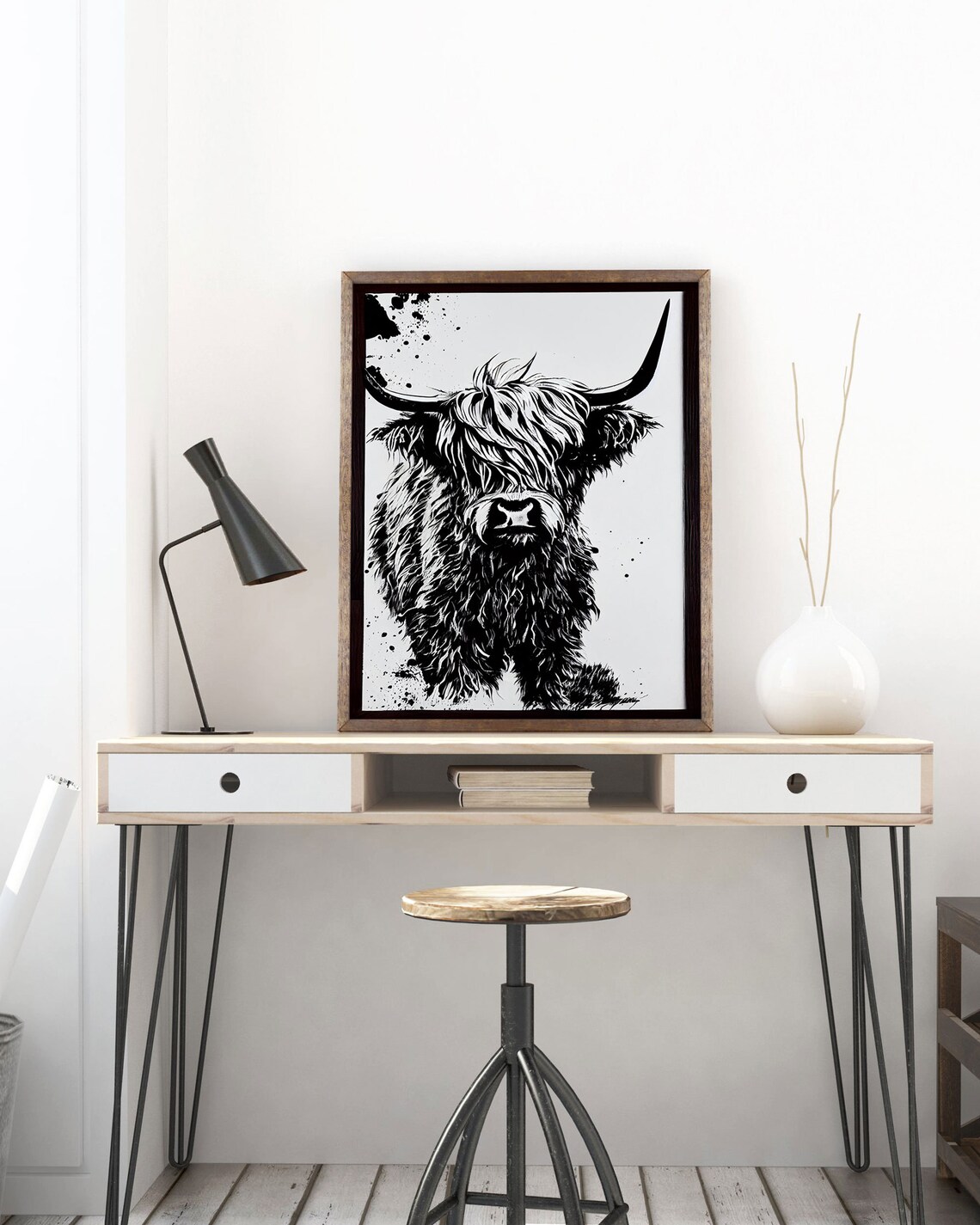 Highland Cow Sketch Ink Portrait Black White Shaggy Farm Poster - Image 4