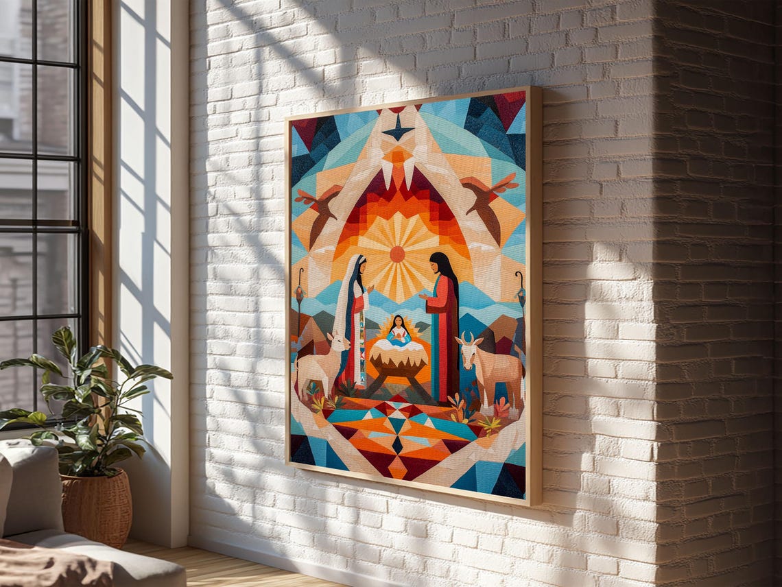 Art Deco Geometric Nativity Scene Colorful Christmas Art Print - Image 3