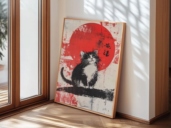 Black Cat Red Sun Japanese Ink Painting Tuxedo Kitten Wabi Sabi Art Poster