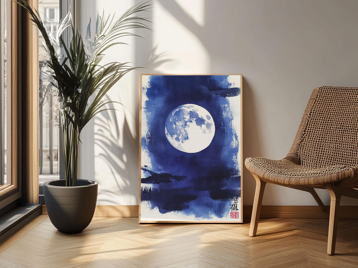 Japanese Full Moon Indigo Night Sky Calligraphy Watercolor Print - Image 5