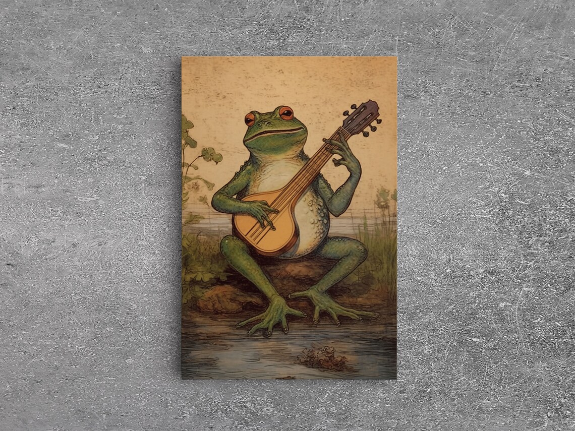 Vintage Frog Playing Banjo Moonlit Swamp Art Print