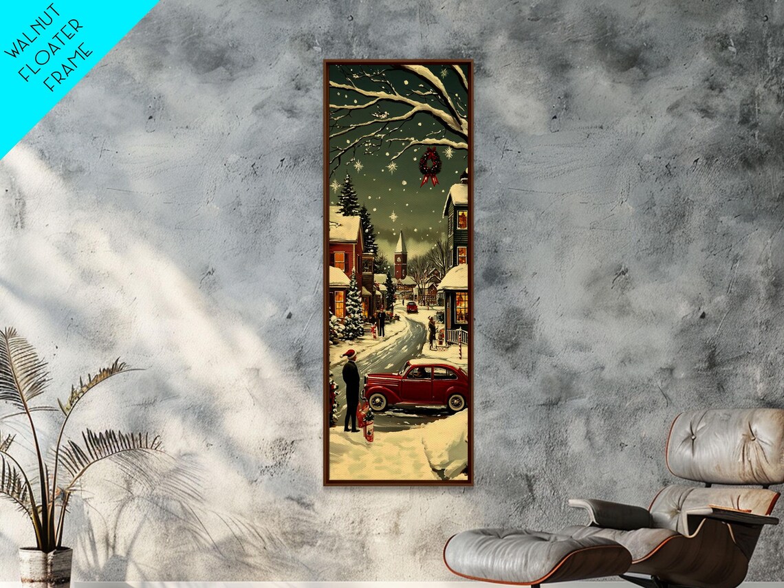 Snowy Night Street Red Vintage Car Wreath Church Christmas Poster - Image 6