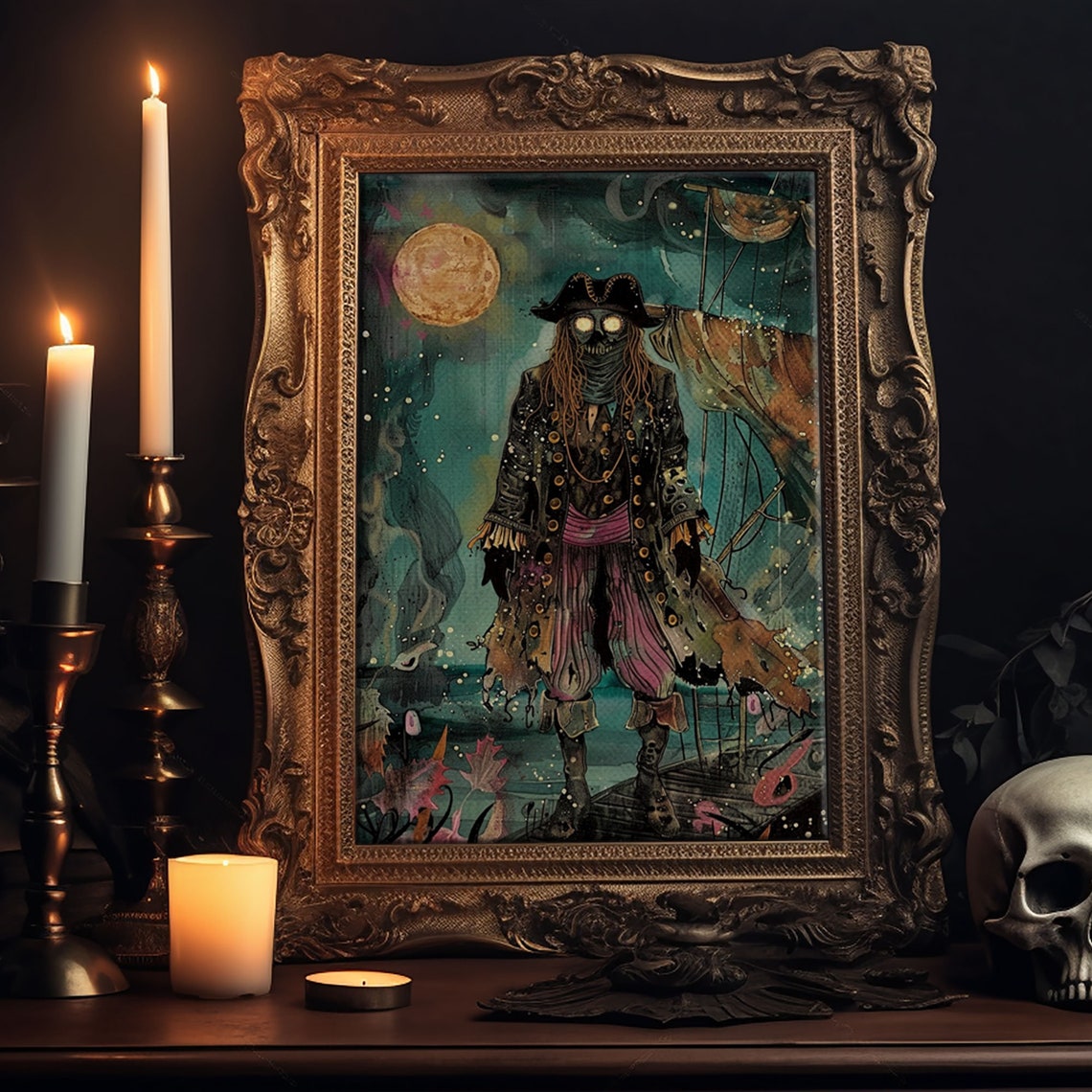 Ghost Pirate Glowing Eyes Full Moon Ship Halloween Art Poster - Image 6