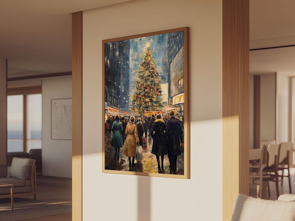 Vintage Christmas Crowd Gathered Around Giant Tree City Night Art - Image 5