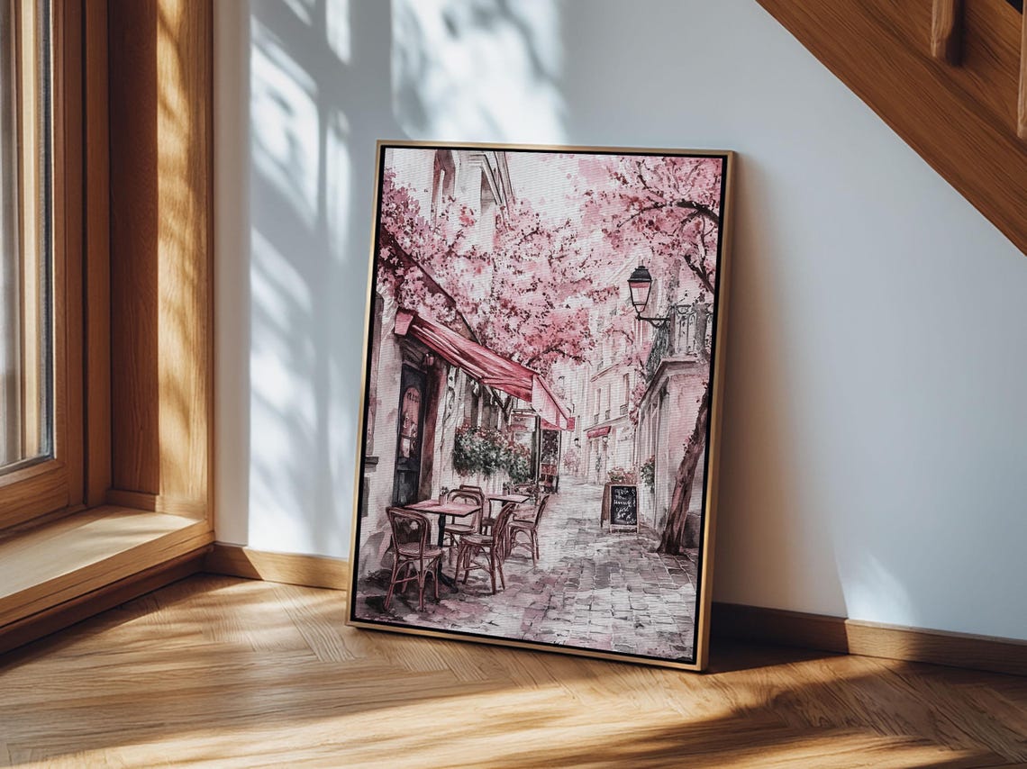 Paris Street Cafe Cherry Blossom Watercolor Print France Travel Poster - Image 3