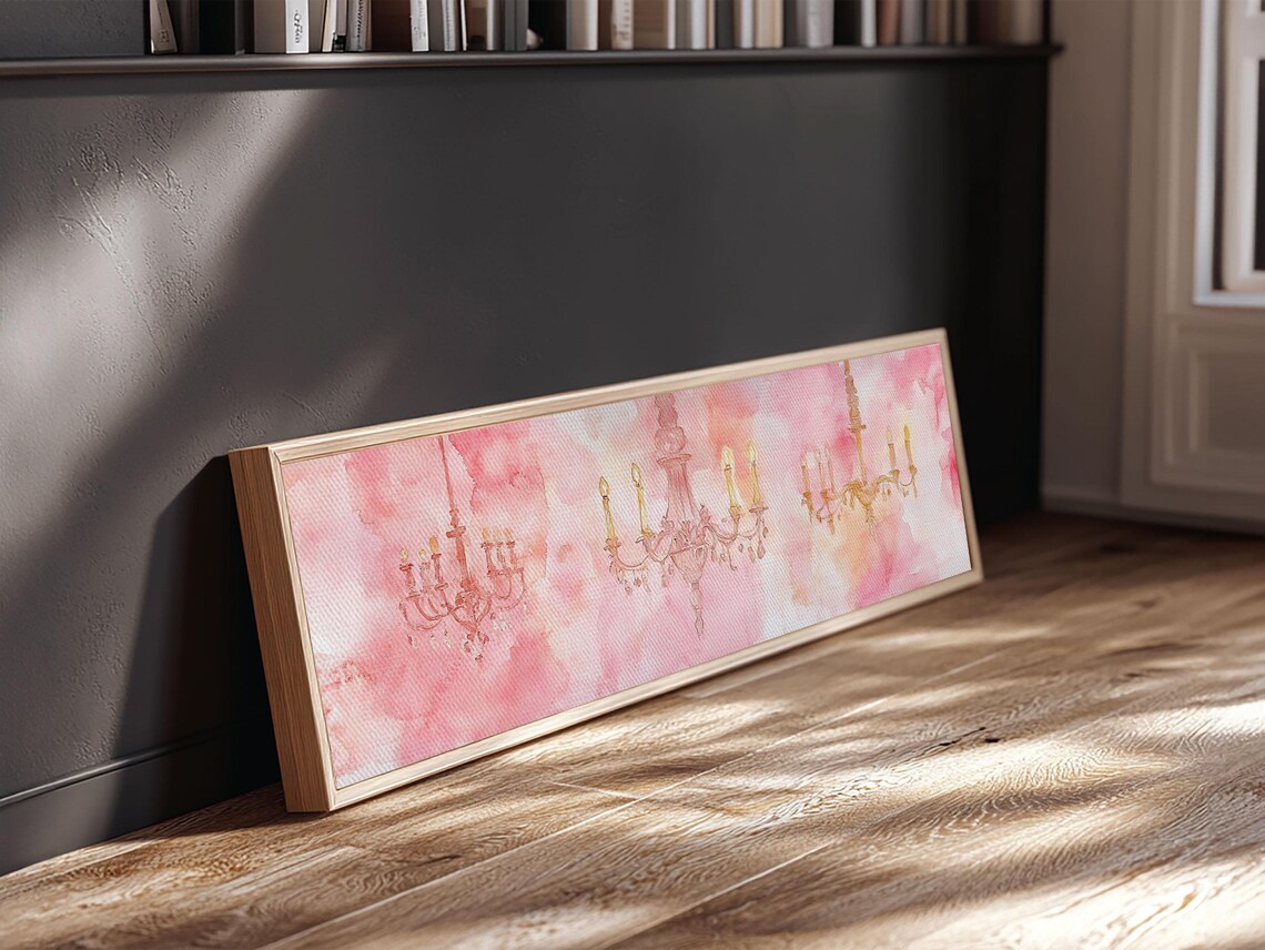 Pink Watercolor Chandeliers Trio Romantic Horizontal Wall Art Poster - Image 3