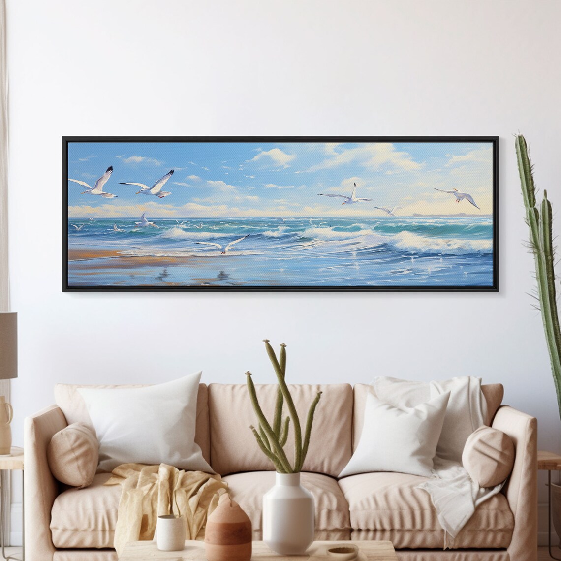 Blue Beach Ocean Waves and Seagulls Panoramic Art Print