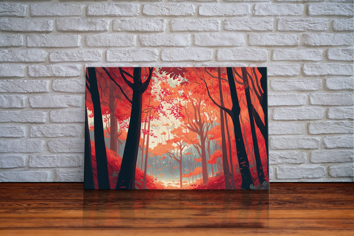 Red Autumn Forest Fiery Orange Foliage Dark Trees Fall Wall Art Poster