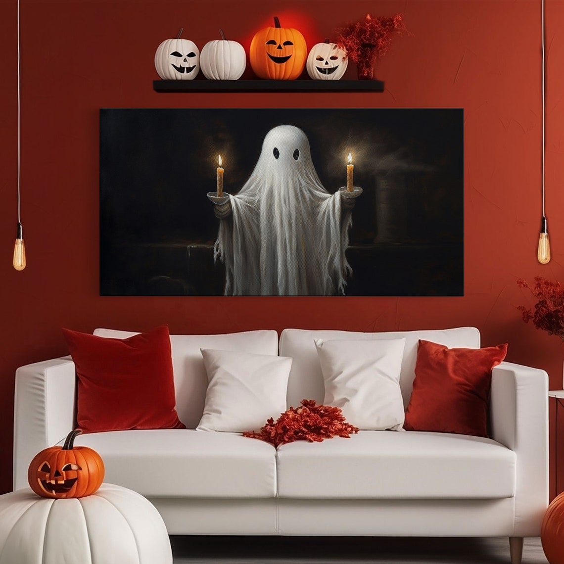 Cute Ghost Holding Two Lit Candles Against Black Background Poster