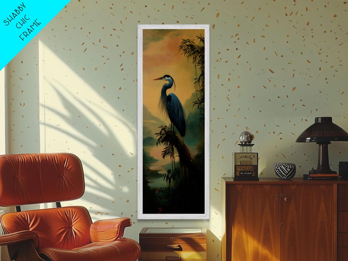 Blue Heron Sunset Perched Above Lake Oriental Style Bird Wall Art - Image 3