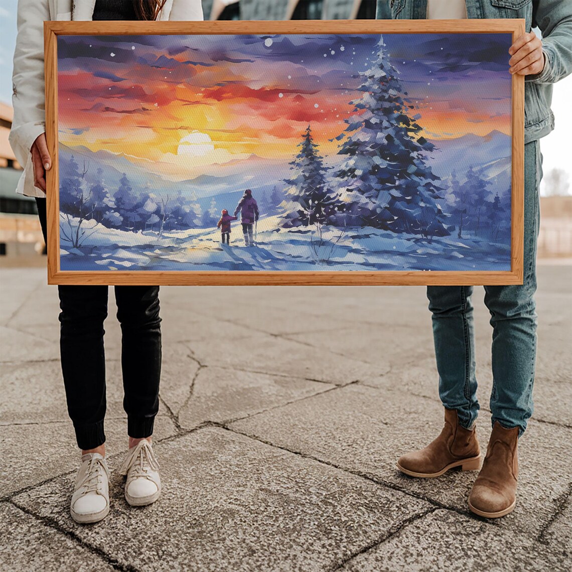Parent And Child Hiking Through Snowy Pines At Sunset Winter Print - Image 5