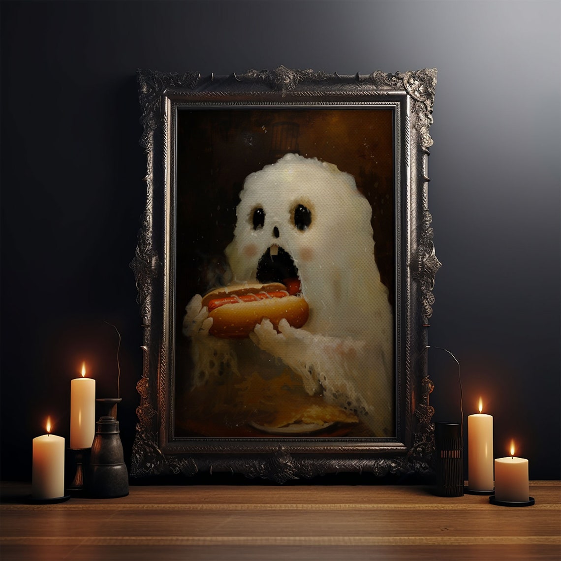 Cute Ghost Eating Hot Dog Funny Halloween Hungry Ghost Art Poster - Image 3