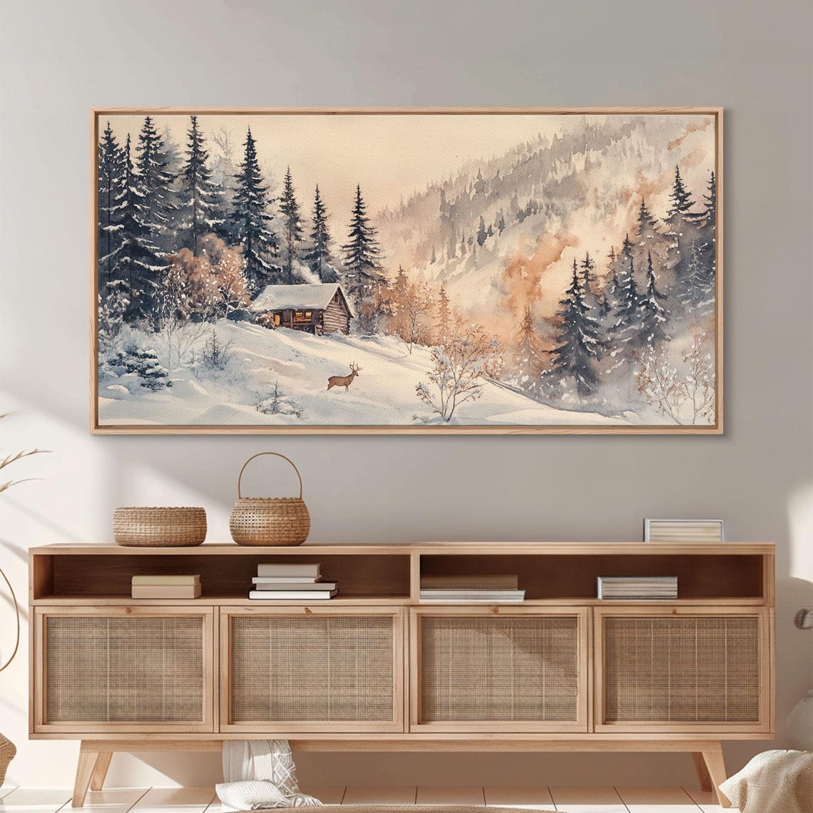 Winter Cabin Snow Forest Deer Misty Mountain Cozy Holiday Night Poster - Image 3