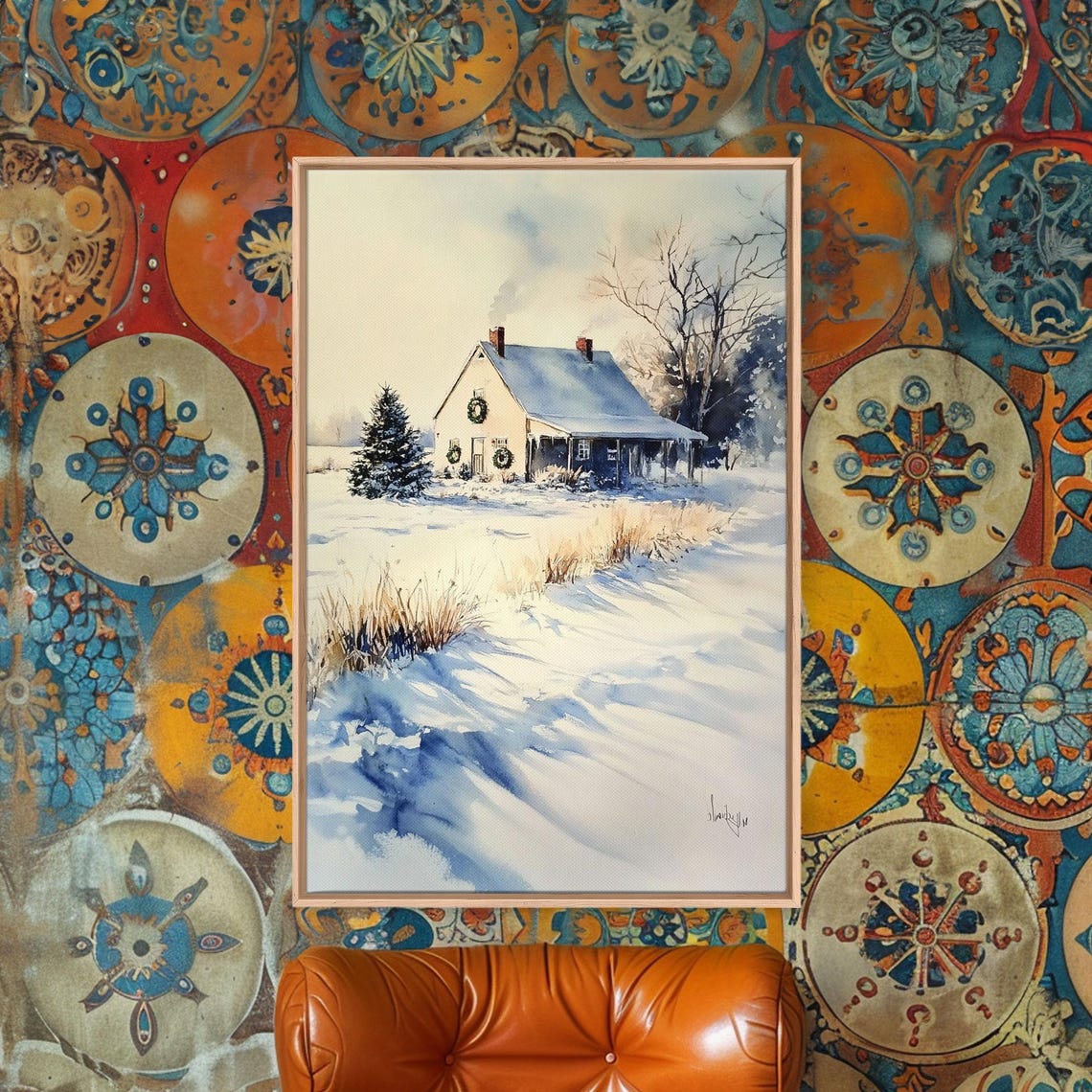 Snowy Farmhouse With Wreaths In Winter Morning Light Landscape Poster - Image 3