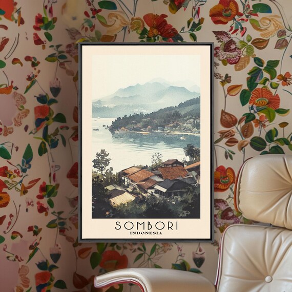 Sombori Indonesia Misty Lake Village Hillside Boats Watercolor Travel Poster