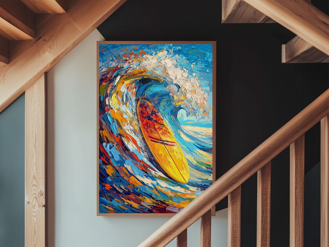 Yellow Surfboard Riding Blue Wave Abstract Ocean Surf Art Wall Poster