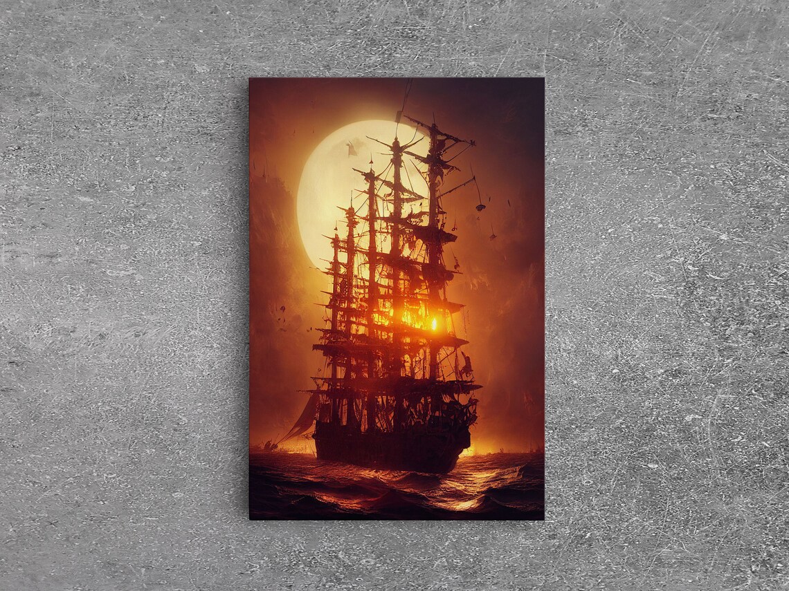 Ghost Ship and Full Moon Spooky Pirate Ship Art Print - Image 6