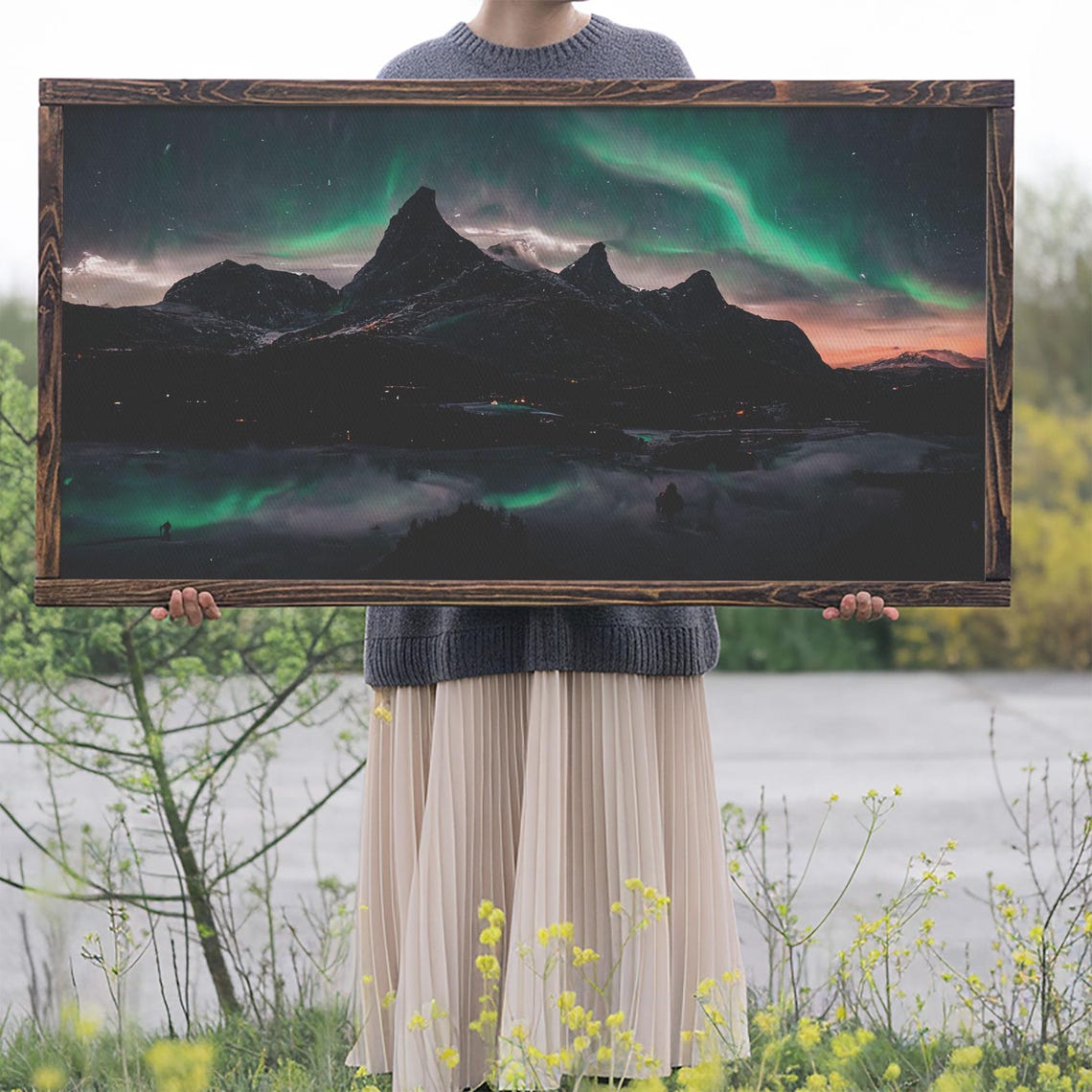 Northern Lights Aurora Borealis Over Mountains Night Sky Poster - Image 2