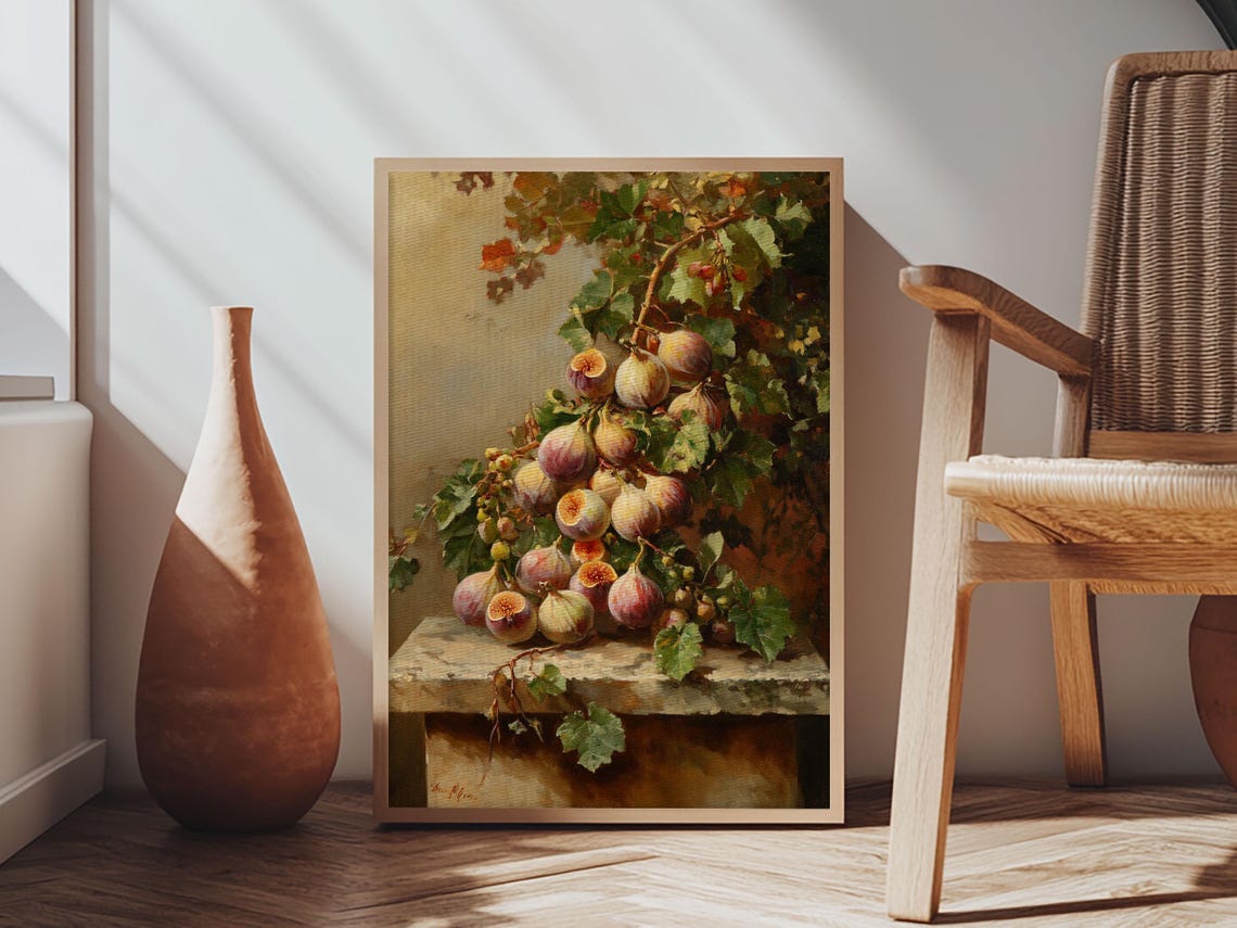 Ripe Figs on the Vine Still Life Oil Painting Kitchen Wall Art Print - Image 3
