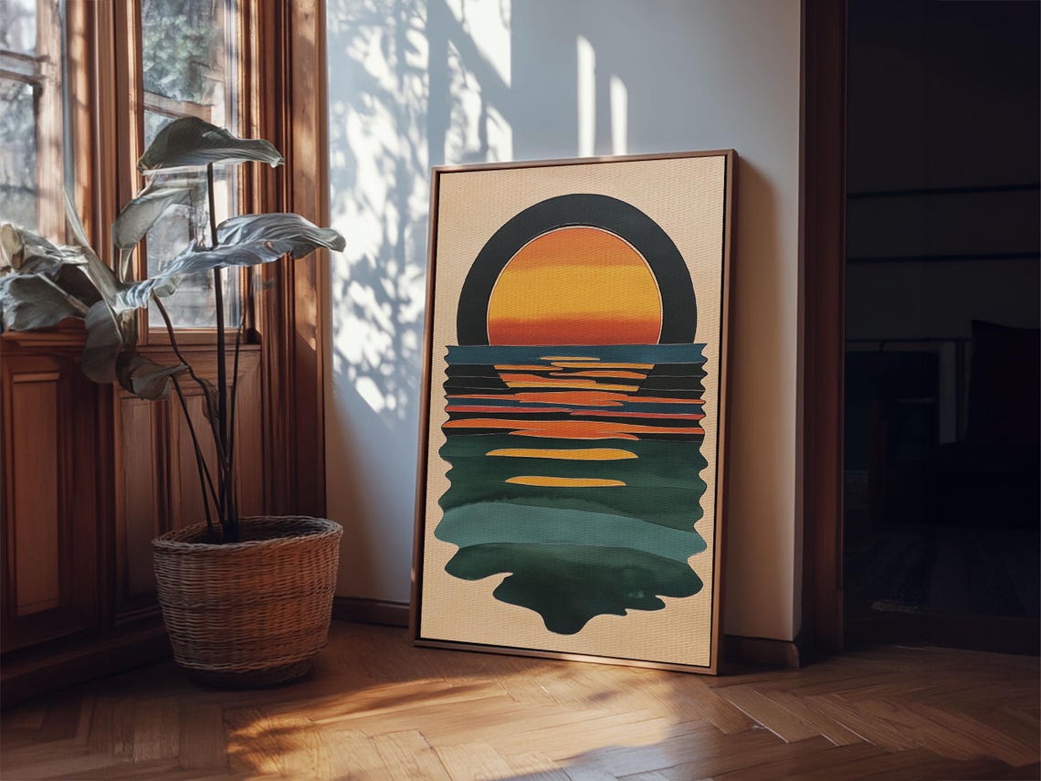 Art Deco Sunset Over Emerald Ocean Waves Minimalist Retro Art Poster - Image 5