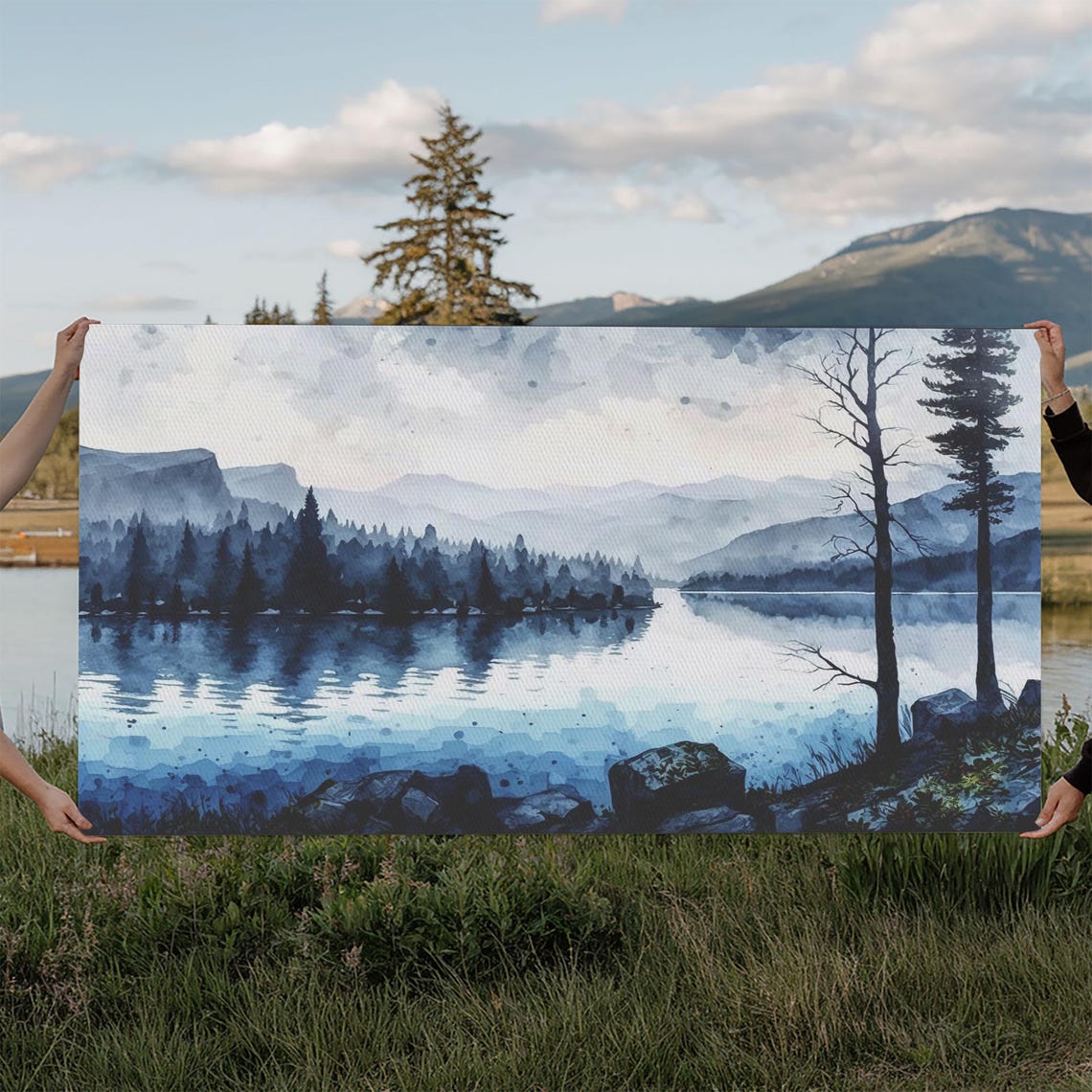 Blue Lagoon Watercolor Lake Misty Pine Mountains Calm Nature Poster