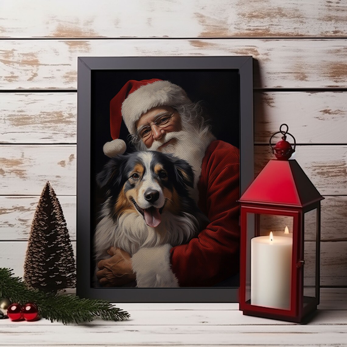 Santa Claus Cuddling Happy Australian Shepherd Christmas Poster - Image 5