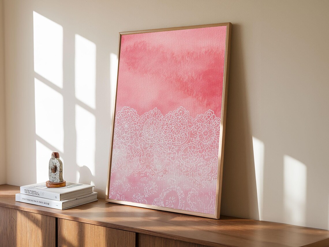 Pink Lace Floral Border Watercolor Delicate Romantic Art Print - Image 2