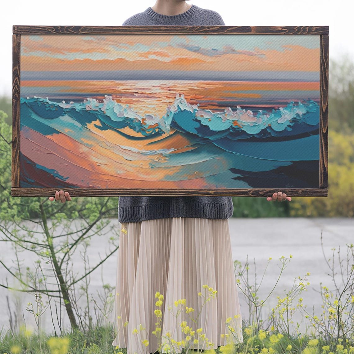 Ocean Sunset Waves Teal Foam Peach Sky Impasto Seascape Wall Poster - Image 2