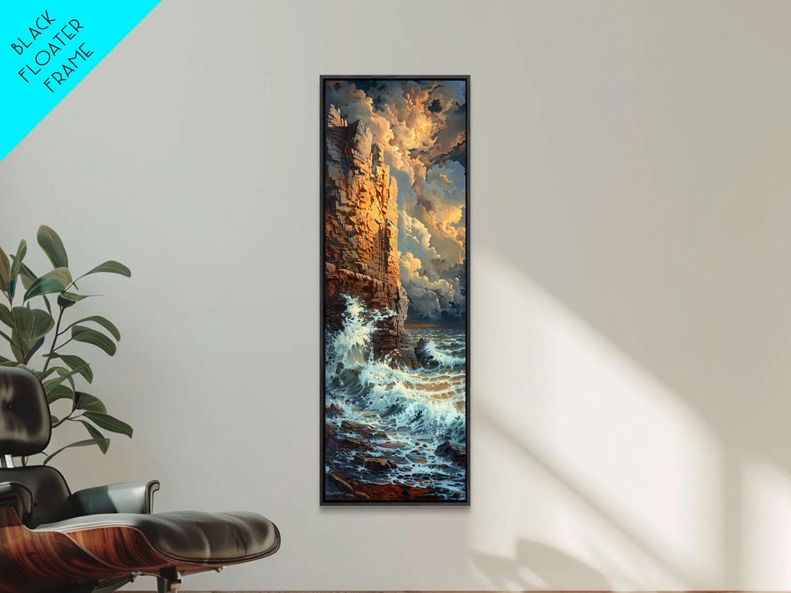 Majestic Coastal Cliff Crashing Waves Dramatic Cloudy Sky Poster - Image 4