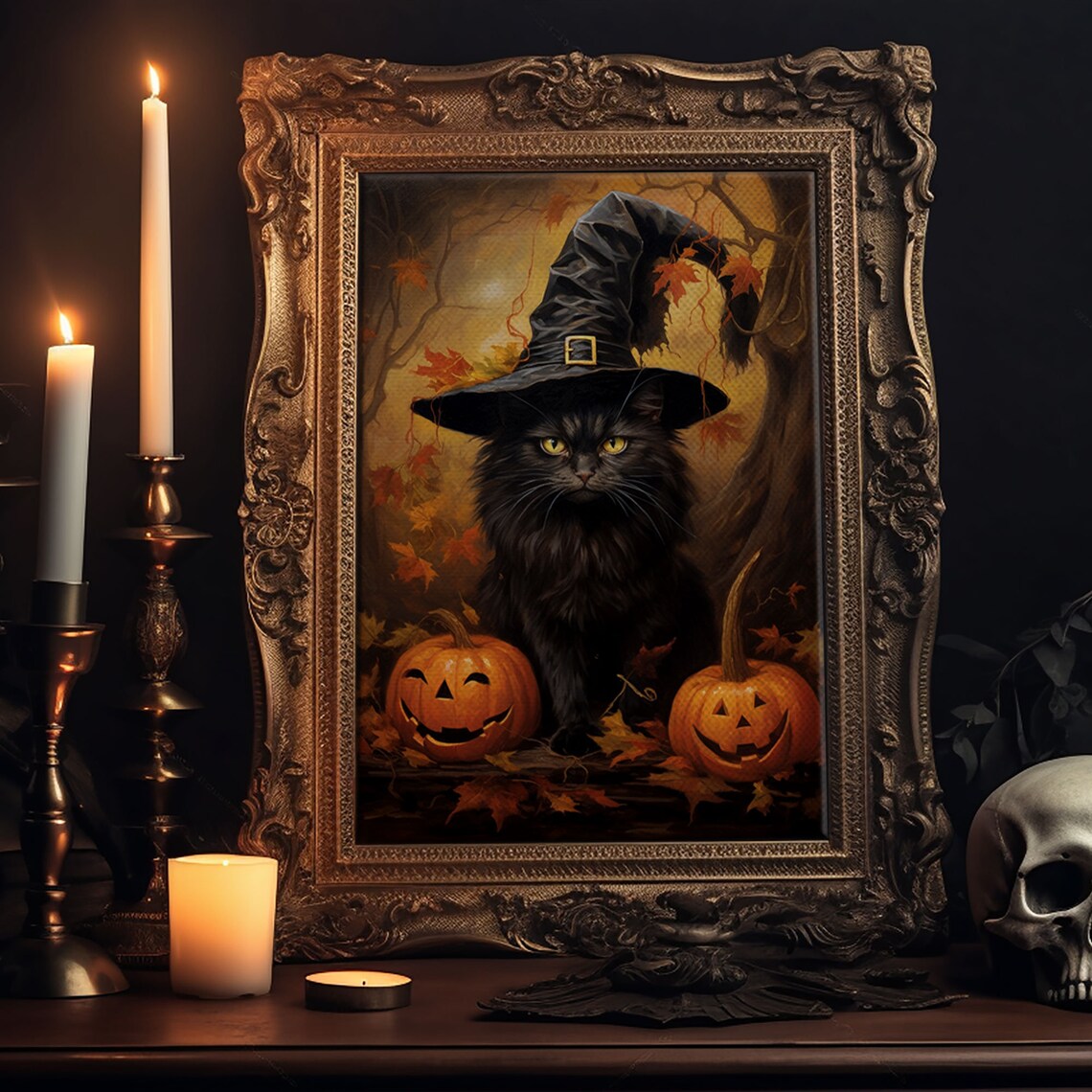 Witch Cat With Jack-O'-Lanterns, Dark Academia Poster - Image 6