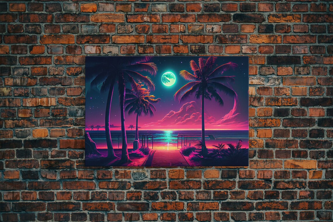 Outrun Style Full Moon Beach, Synthwave Art Print
