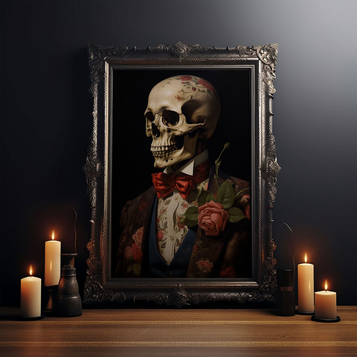 Floral Skeleton Portrait Red Bow Tie Rose Gothic Halloween Art Print - Image 3