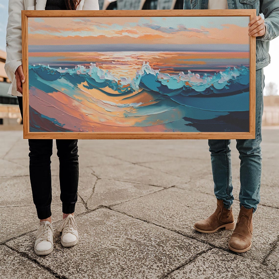 Ocean Sunset Waves Teal Foam Peach Sky Impasto Seascape Wall Poster - Image 5