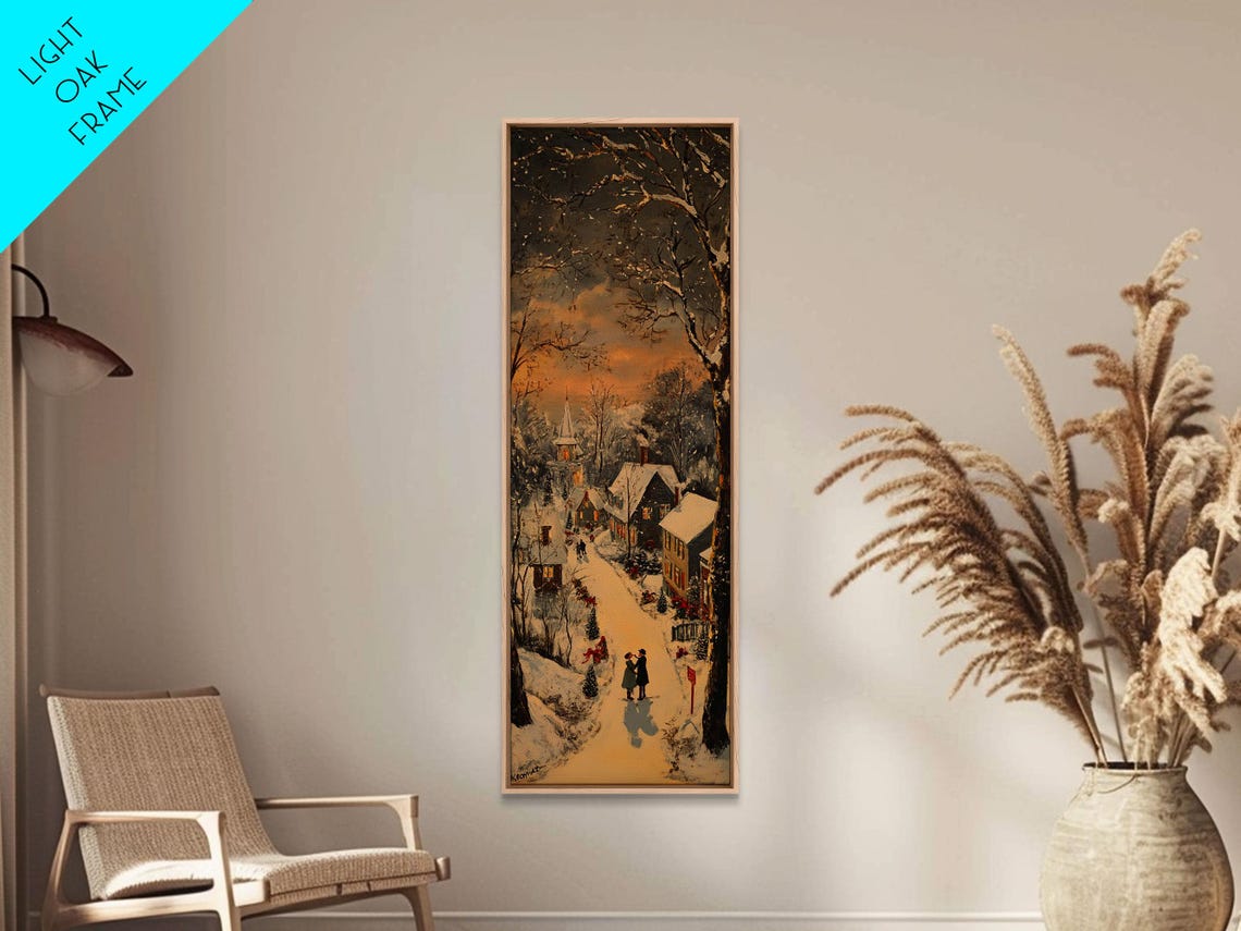 Snowy Village Street At Dusk Couple Strolling Winter Scene Poster - Image 3