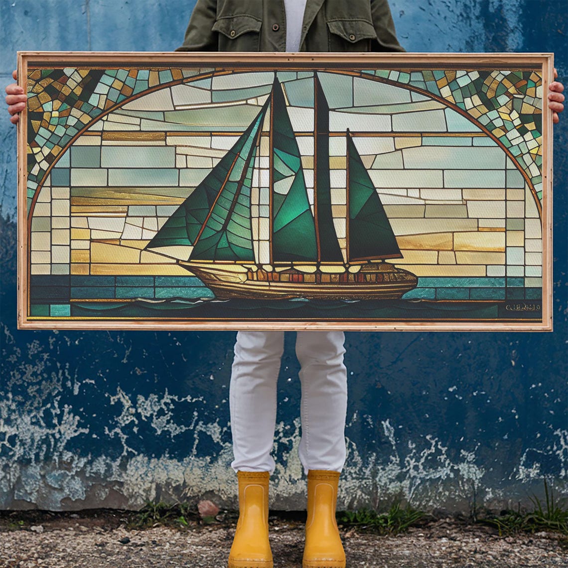 Emerald Sailboat Stained Glass Art Deco Nautical Mosaic Ocean Poster - Image 6