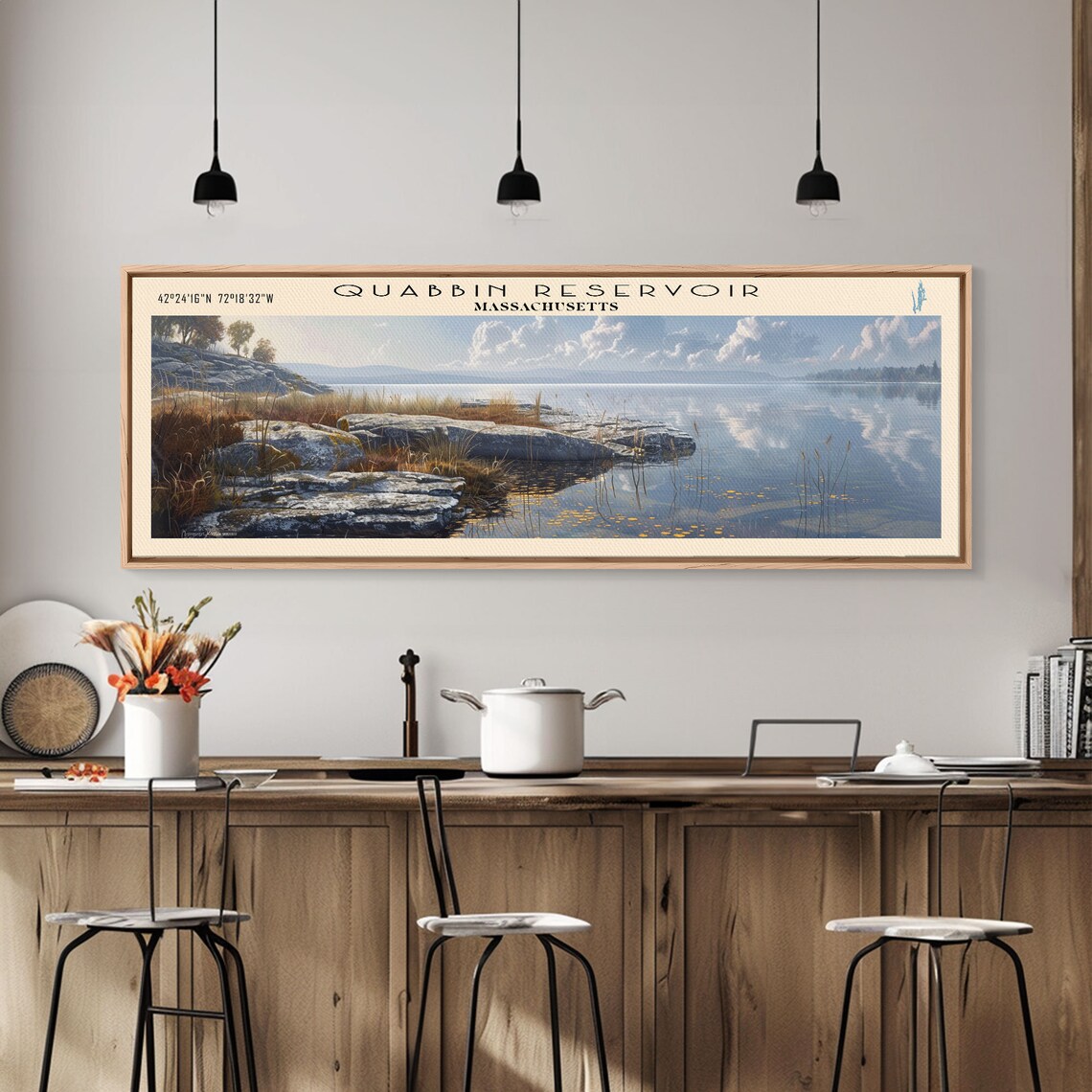 Quabbin Reservoir Massachusetts Rocky Shore Mirror Water Travel Poster