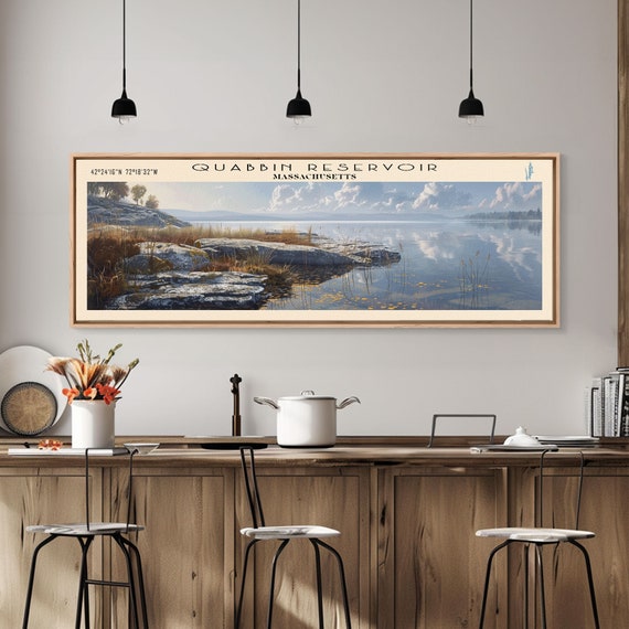Quabbin Reservoir Massachusetts Framed Print Lake House Decor Panoramic Wall Art Travel Poster Landscape Painting Contemporary Art